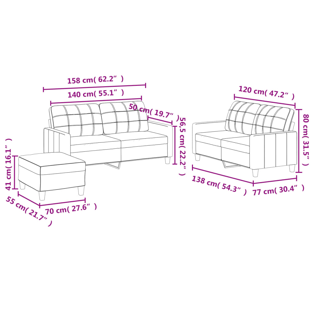 3-dijelni set sofa s jastucima boja vina od umjetne kože