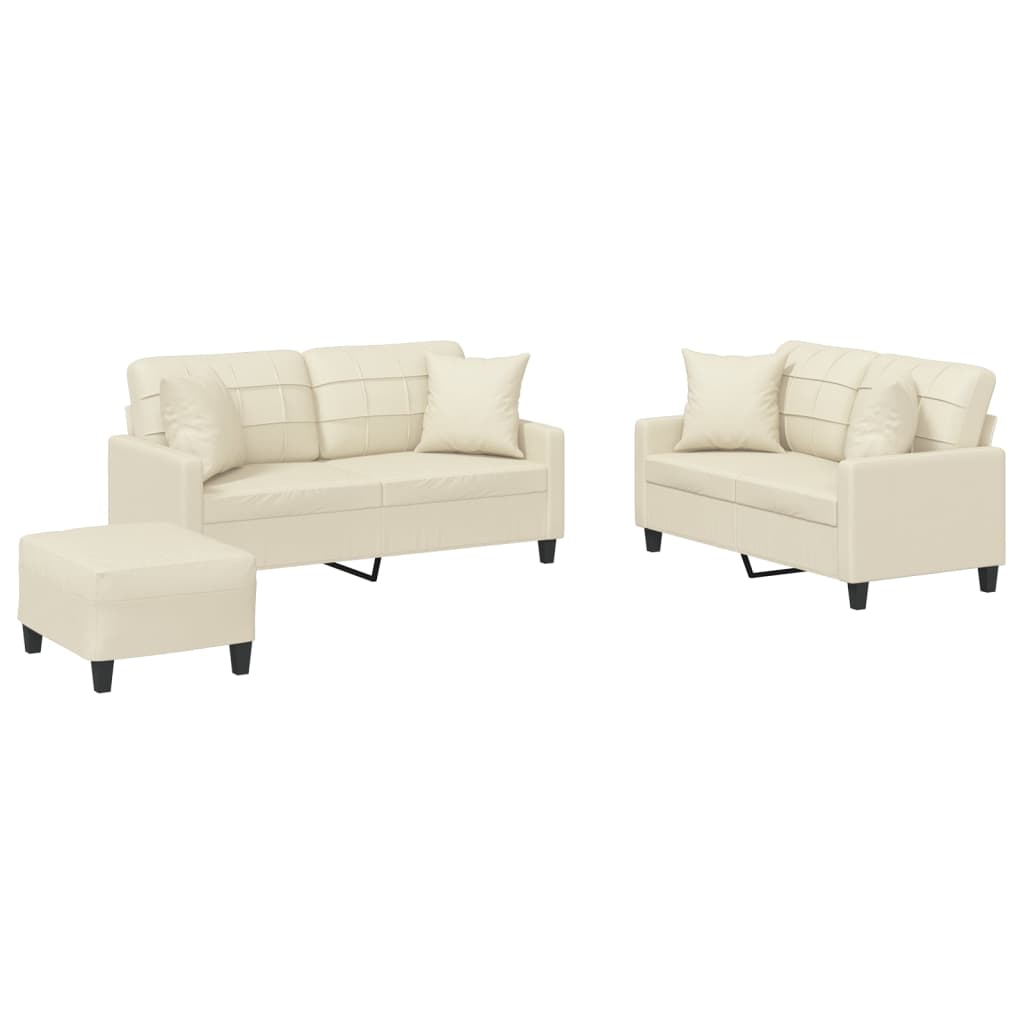 3-dijelni set sofa s jastucima krem od umjetne kože