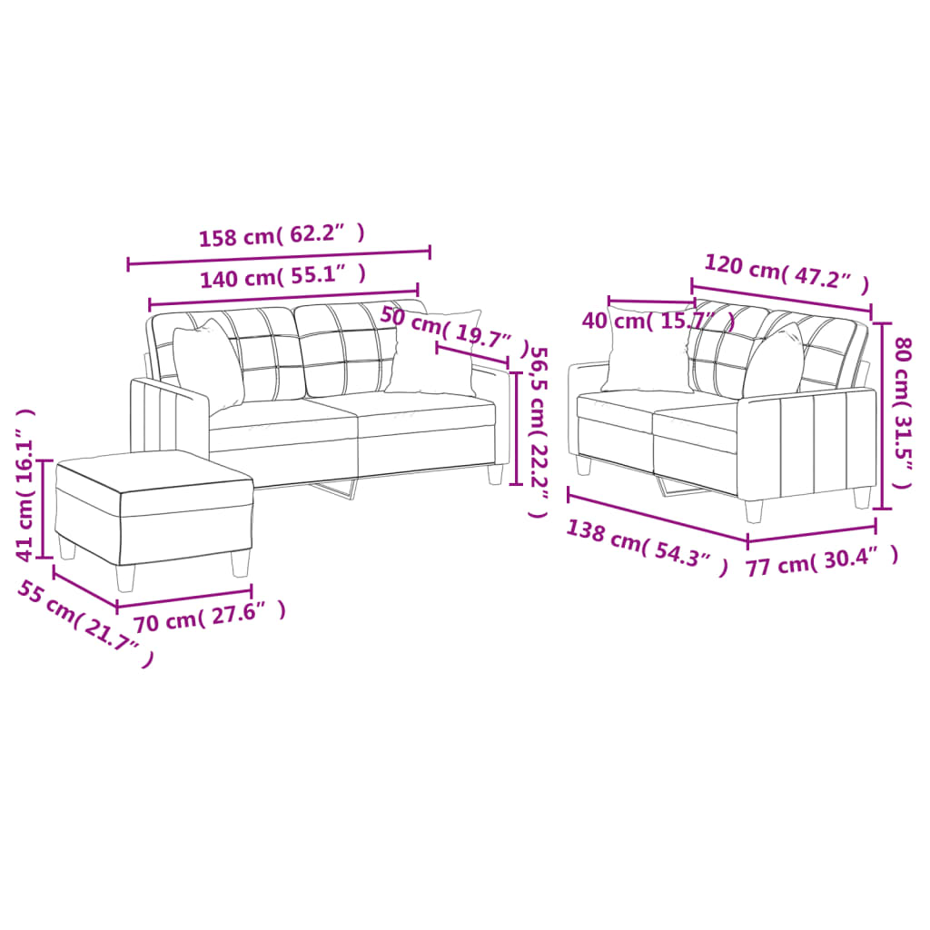 3-dijelni set sofa s jastucima boja cappuccina od umjetne kože