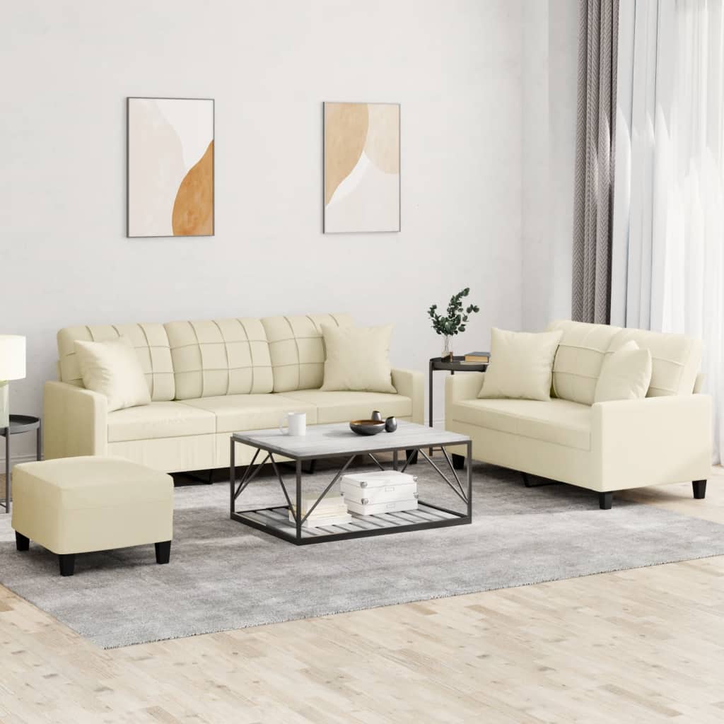 3-dijelni set sofa s jastucima krem od umjetne kože