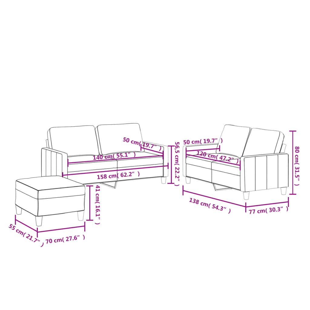 3-dijelni set sofa s jastucima crni od umjetne kože
