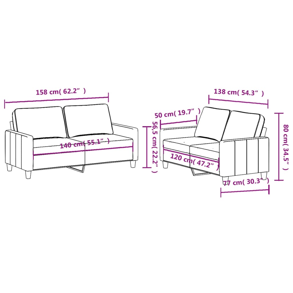 2-dijelni set sofa s jastucima crni od tkanine