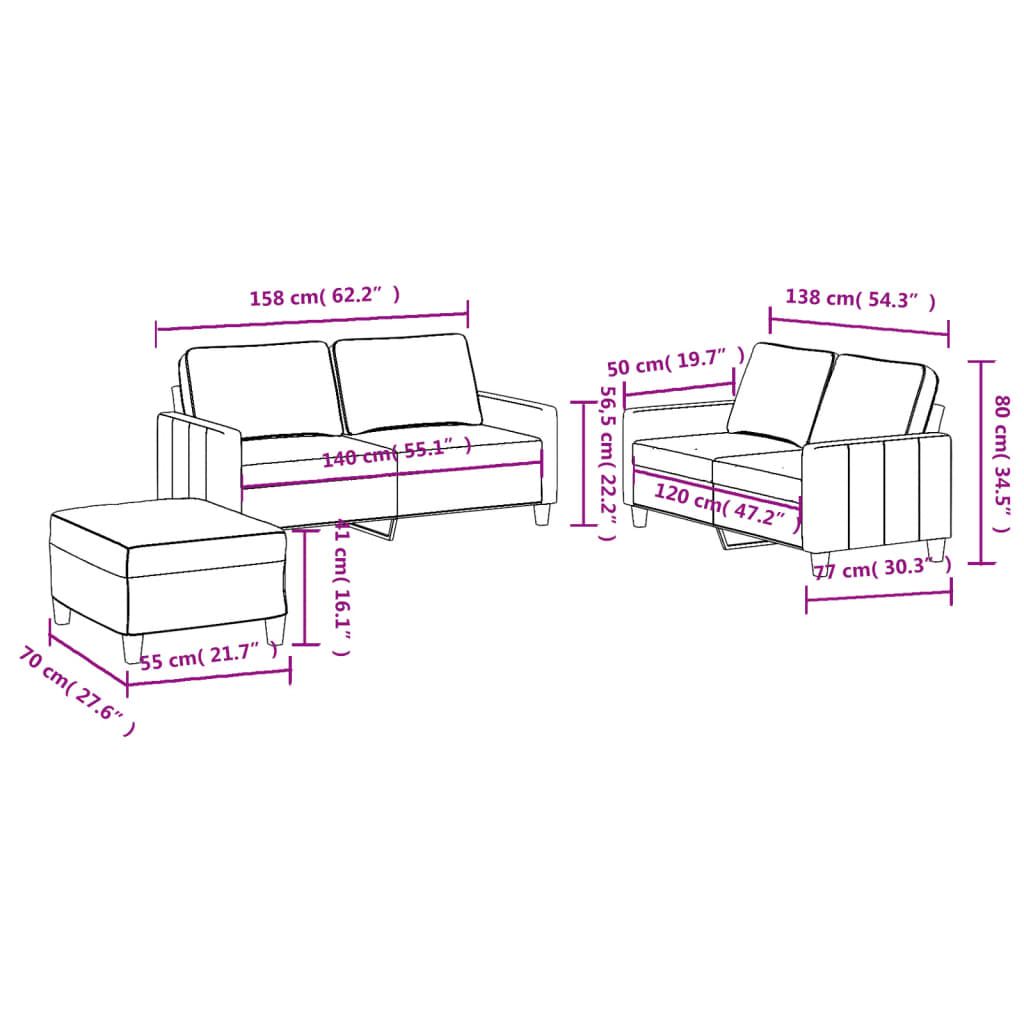 3-dijelni set sofa s jastucima krem od tkanine
