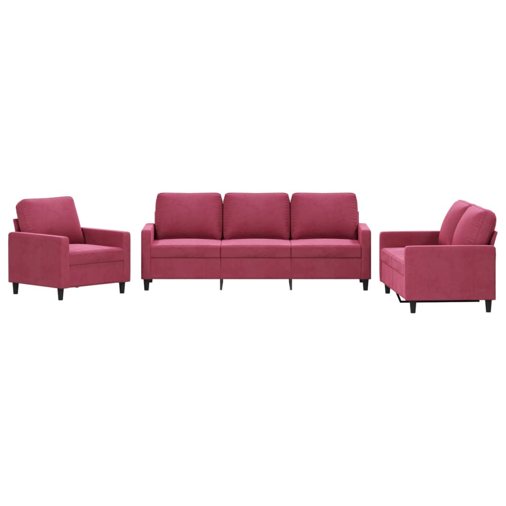 3-dijelni set sofa s jastucima crvena boja vina baršunasti
