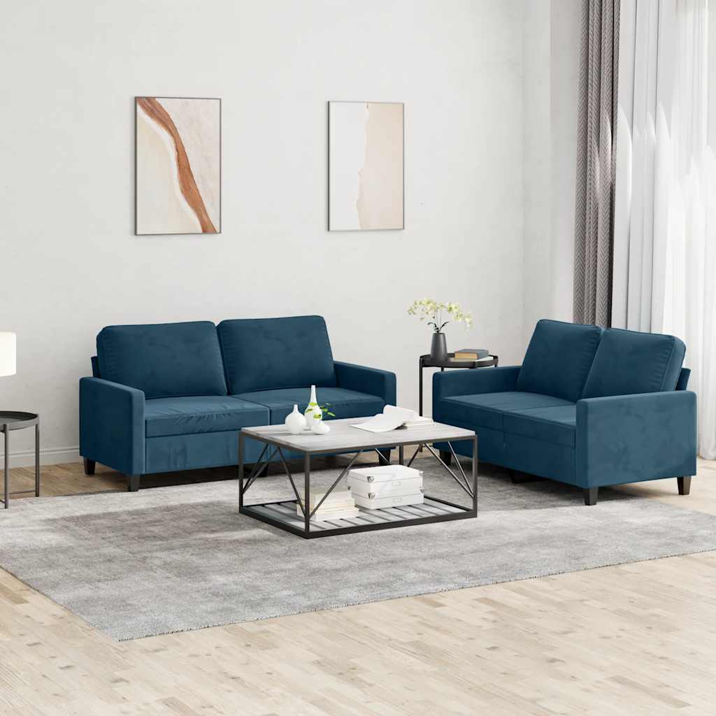 2-dijelni set sofa s jastucima plavi baršunasti