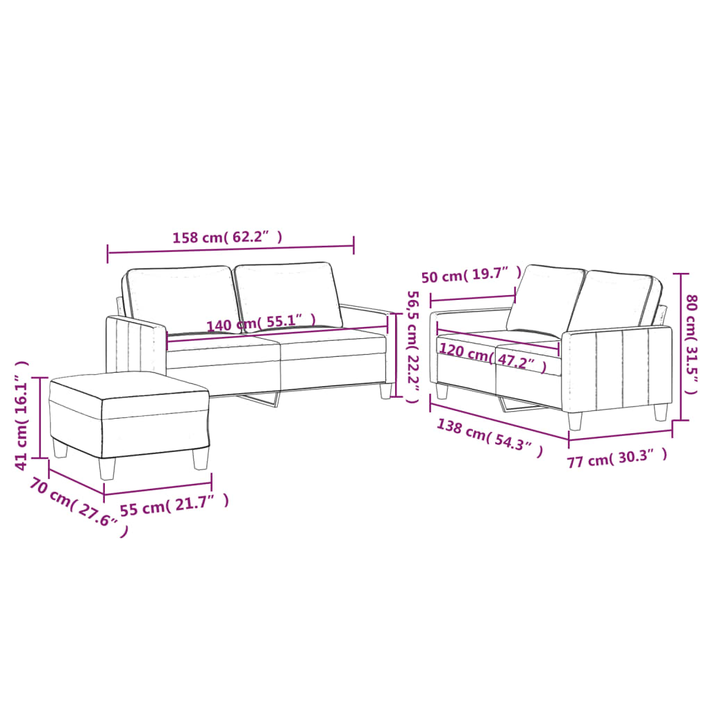 3-dijelni set sofa s jastucima svjetlosivi baršunasti