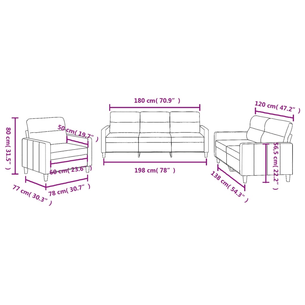 3-dijelni set sofa s jastucima krem od tkanine