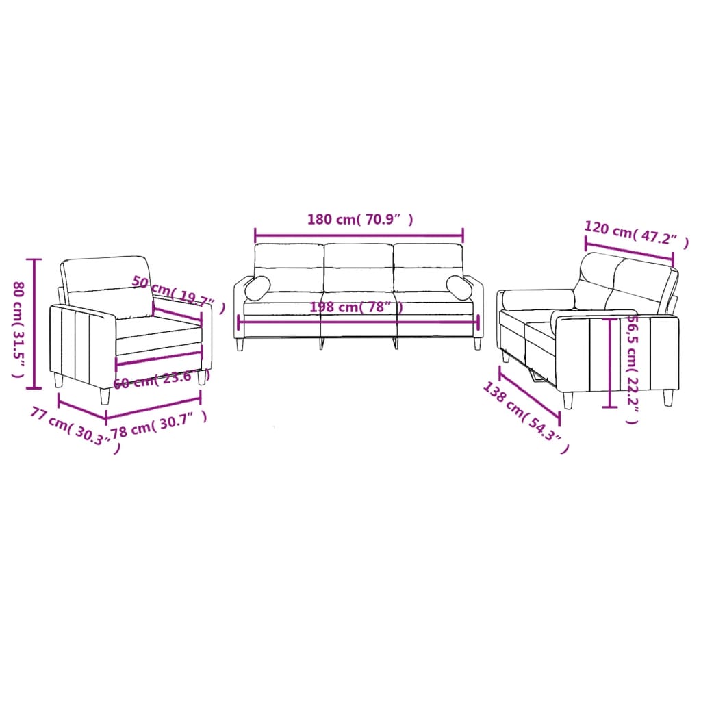 3-dijelni set sofa s jastucima svjetlosivi od tkanine