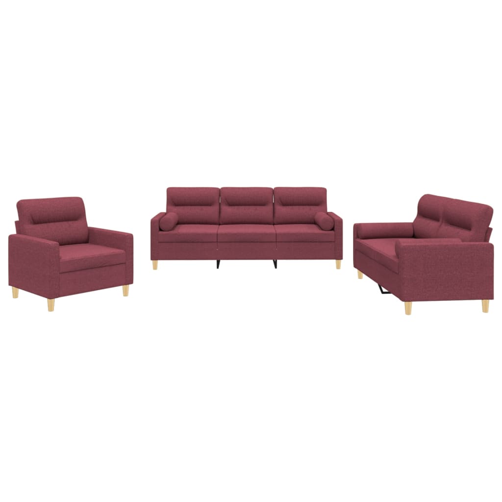 3-dijelni set sofa s jastucima crvena boja vina od tkanine