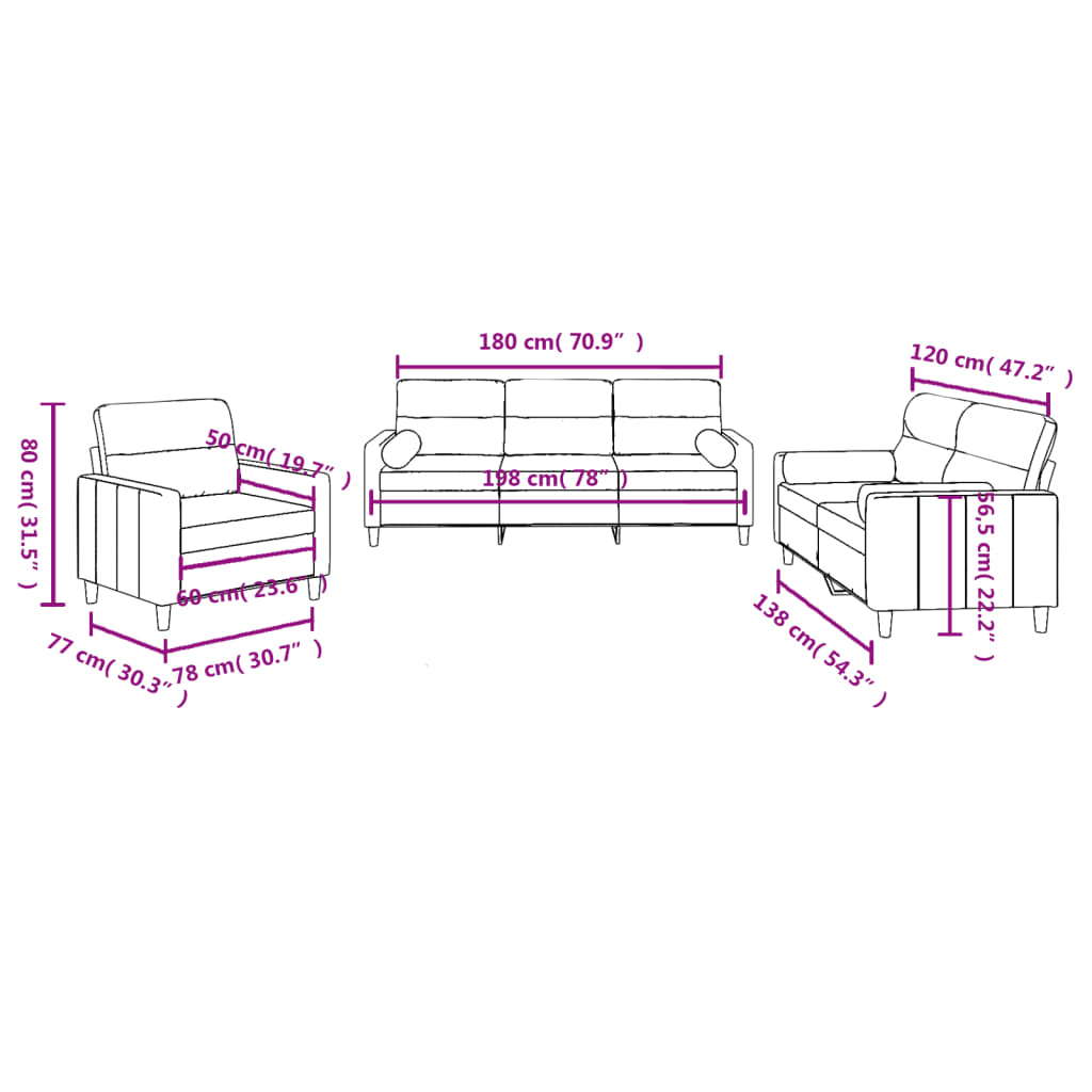 3-dijelni set sofa s jastucima smeđesivi od tkanine