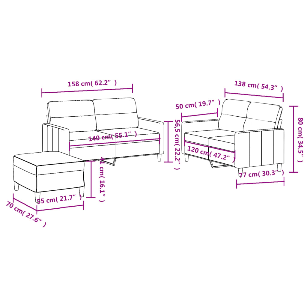 3-dijelni set sofa s jastucima crni od tkanine