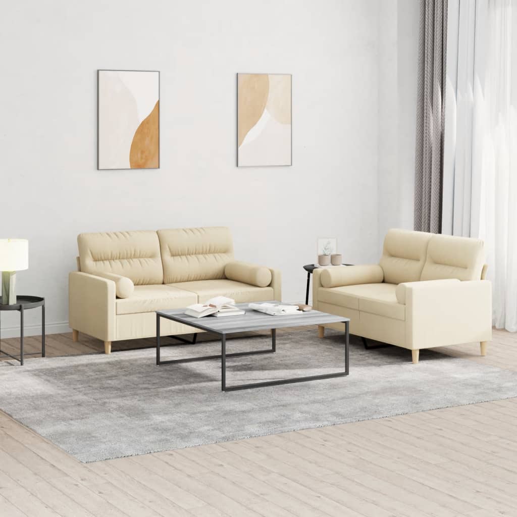 2-dijelni set sofa s jastucima krem od tkanine