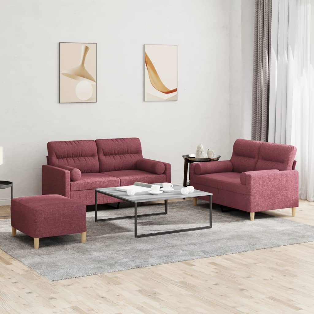 3-dijelni set sofa s jastucima crvena boja vina od tkanine