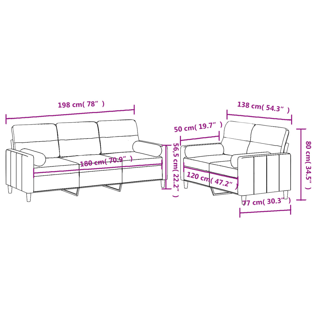 2-dijelni set sofa s jastucima svjetlosivi od tkanine