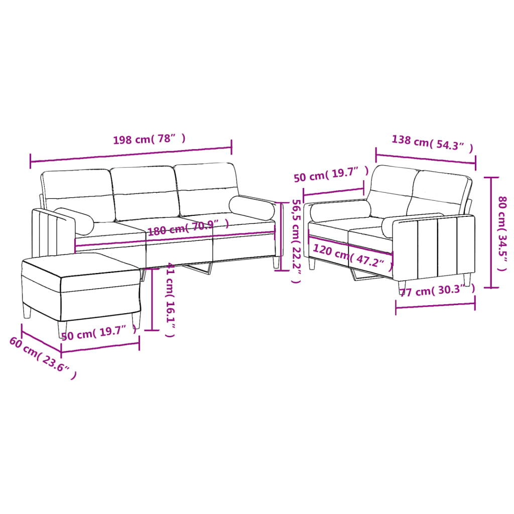 3-dijelni set sofa s jastucima svjetložuti od tkanine