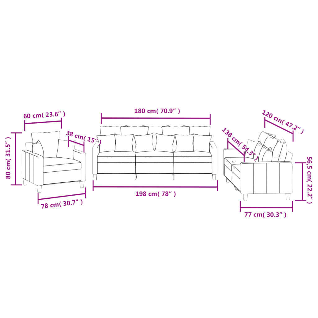 3-dijelni set sofa s jastucima tamnosivi od tkanine