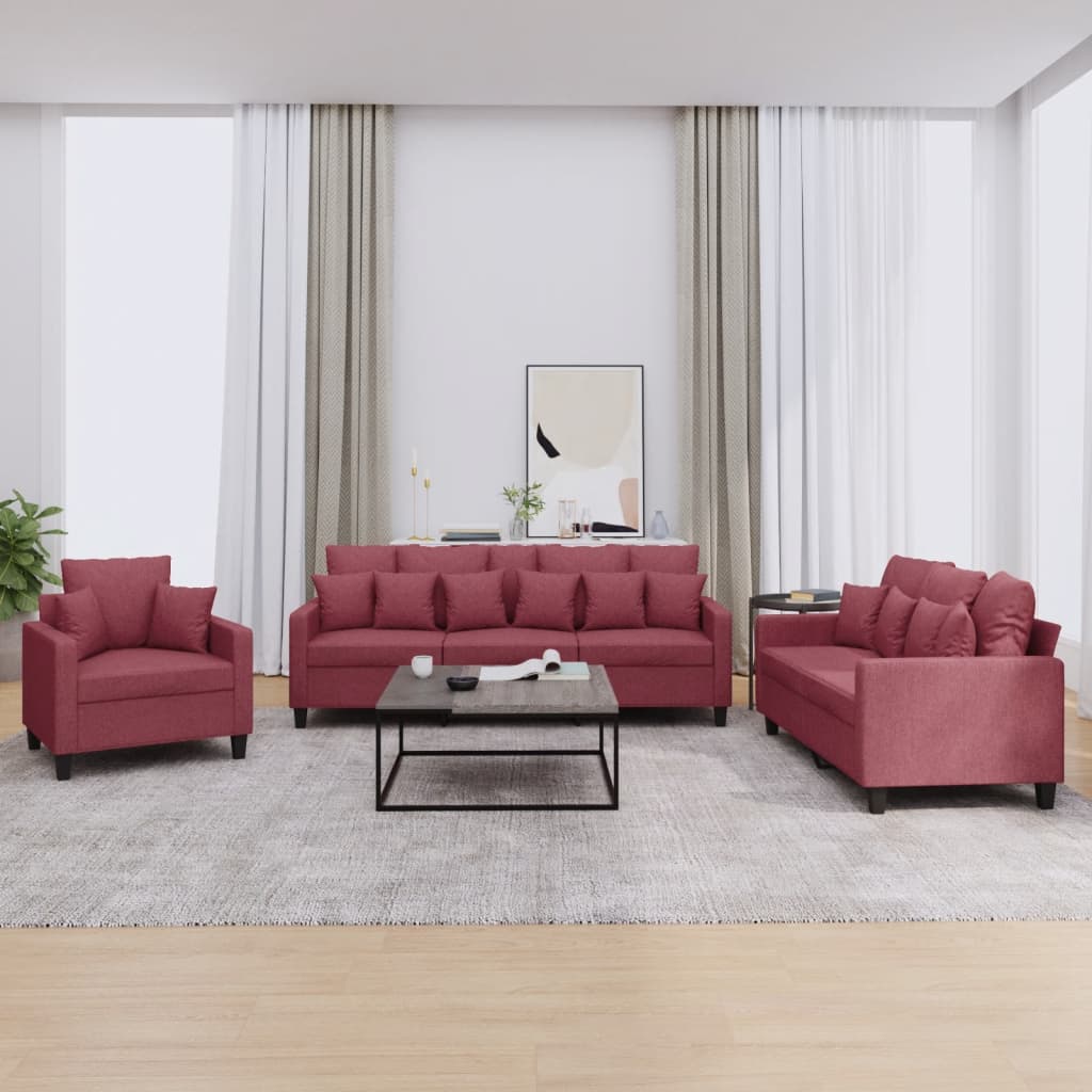 3-dijelni set sofa s jastucima crvena boja vina od tkanine