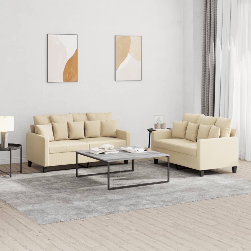 2-dijelni set sofa s jastucima krem od tkanine