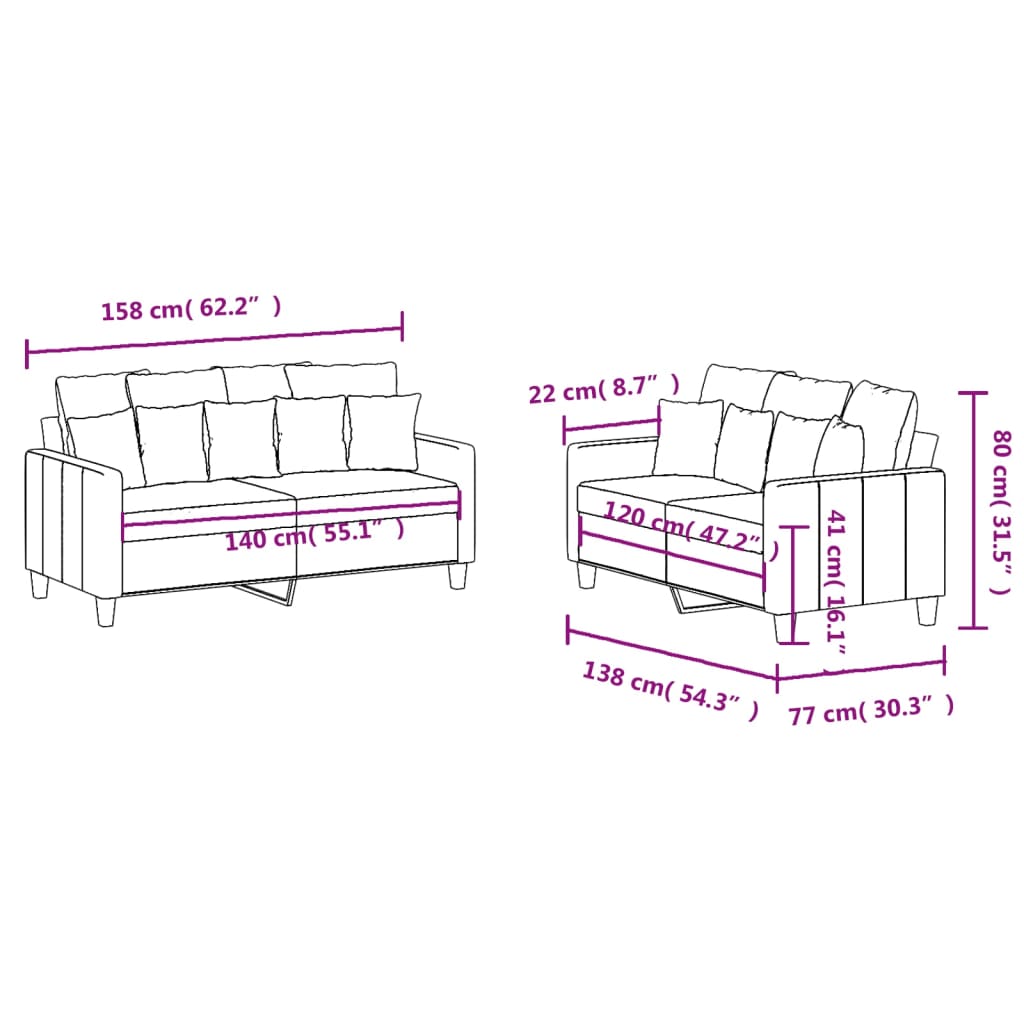 2-dijelni set sofa s jastucima smeđi od tkanine
