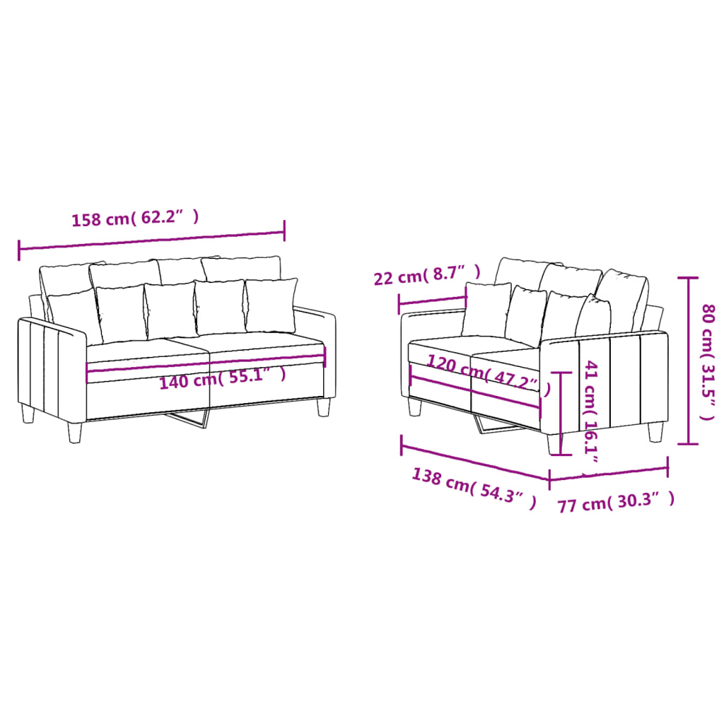 2-dijelni set sofa s jastucima svjetložuti od tkanine