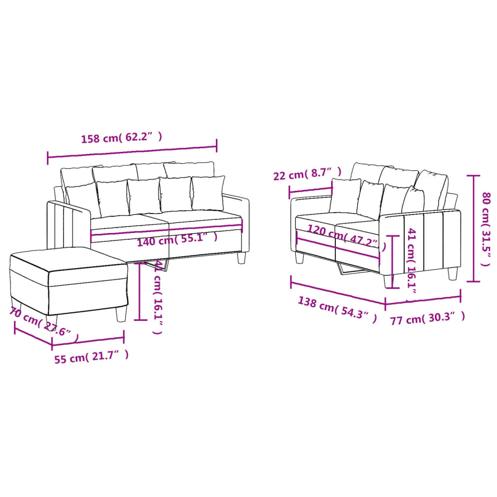 3-dijelni set sofa s jastucima krem od tkanine