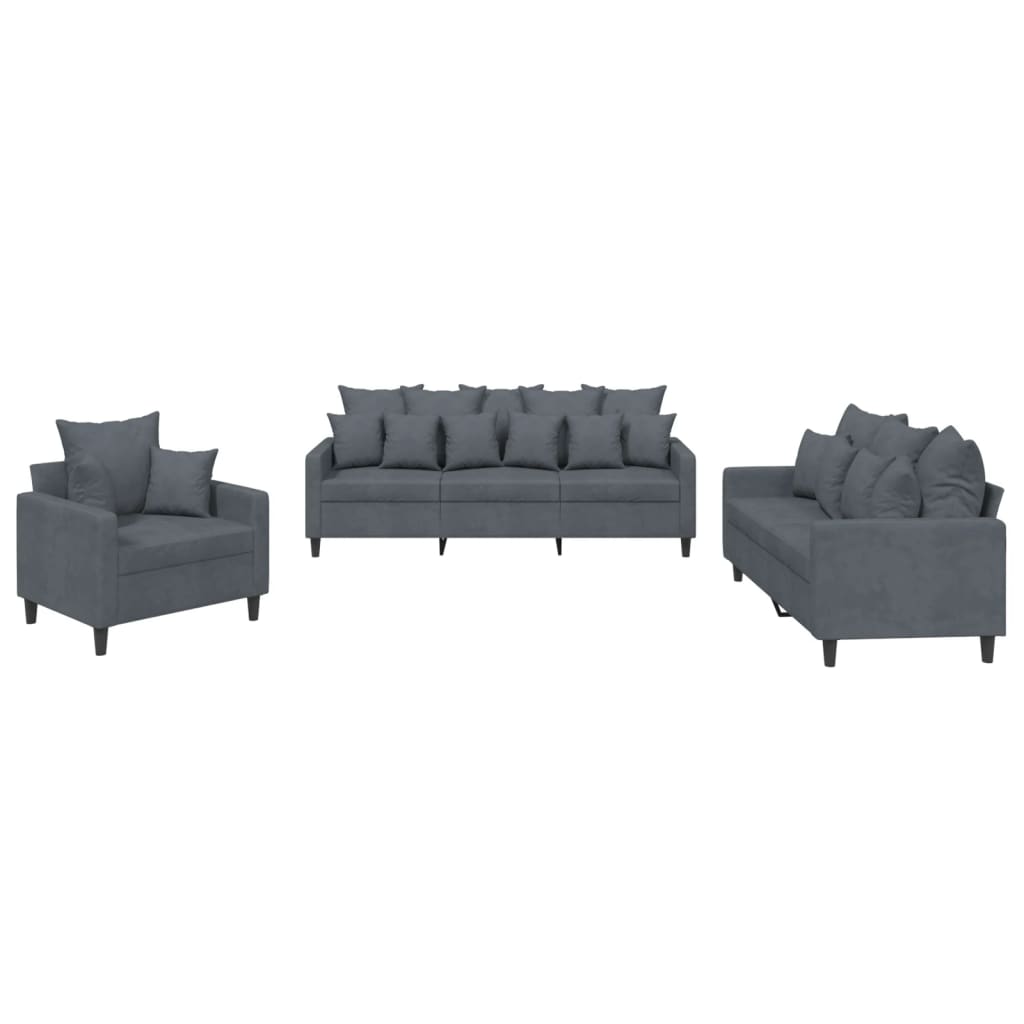 3-dijelni set sofa s jastucima tamnosivi baršunasti