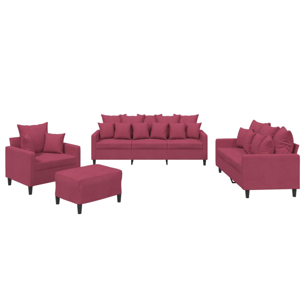 4-dijelni set sofa s jastucima crvena boja vina baršunasti