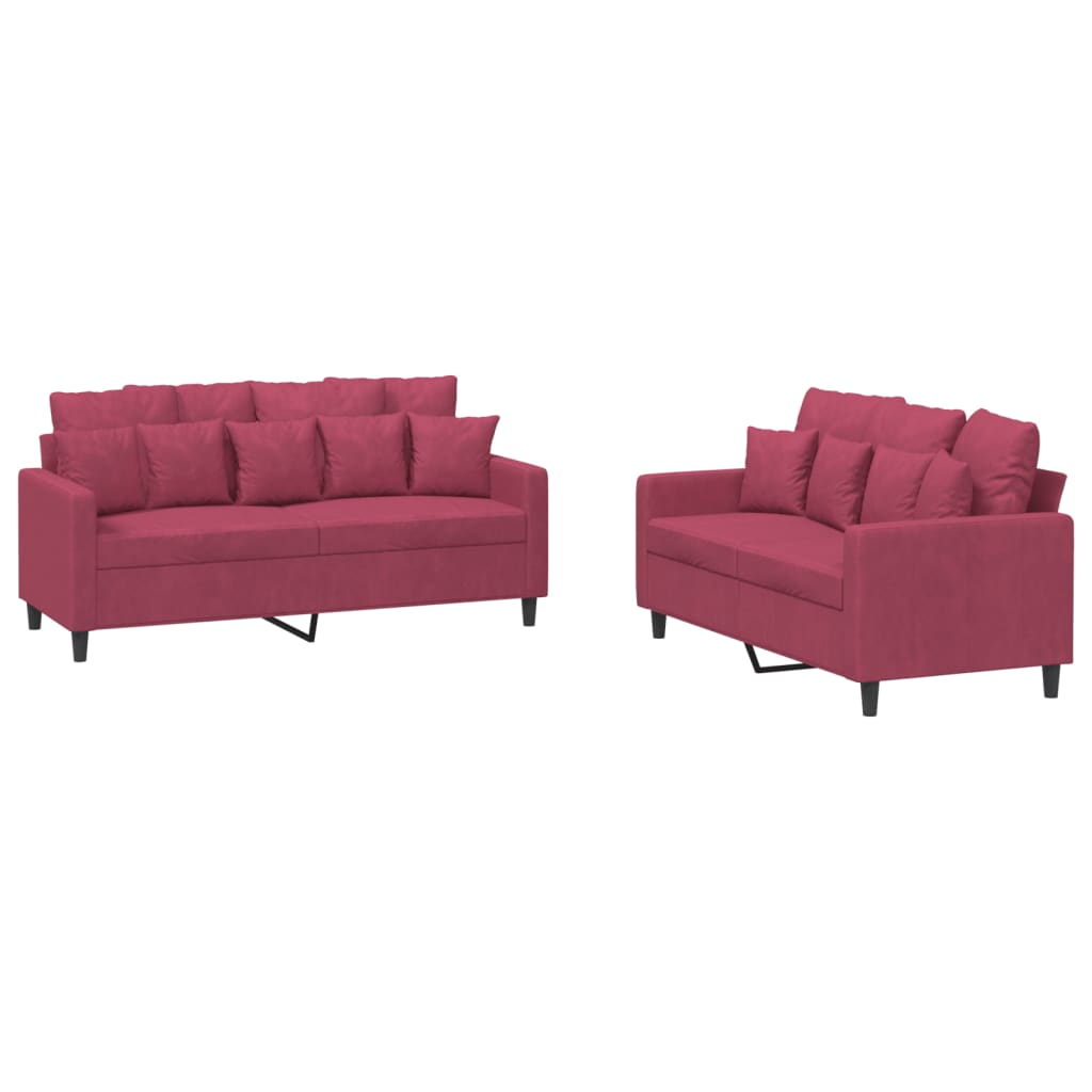 2-dijelni set sofa s jastucima crvena boja vina baršunasti