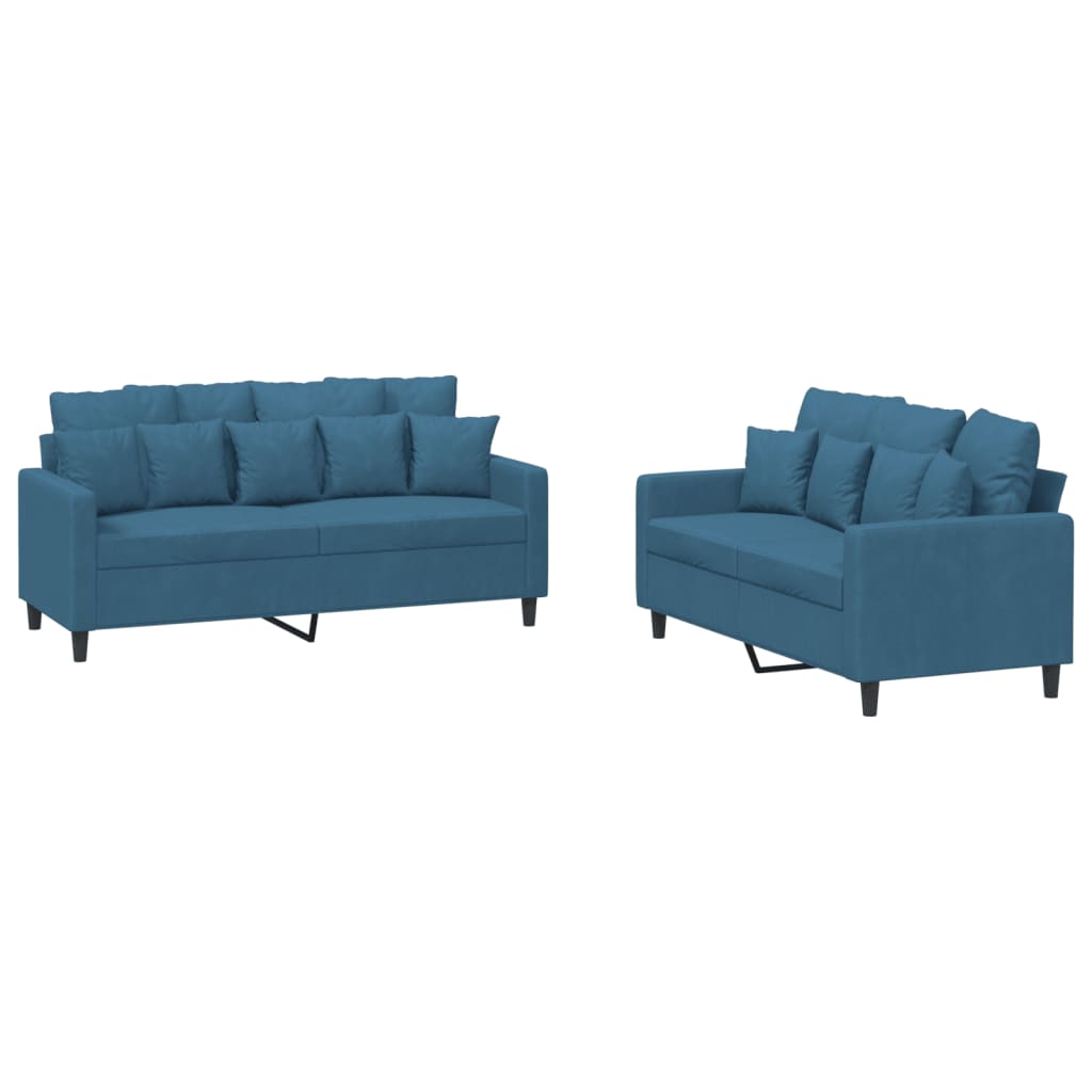 2-dijelni set sofa s jastucima plavi baršunasti