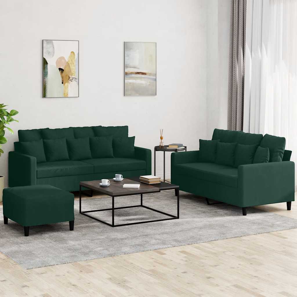 3-dijelni set sofa s jastucima tamnozeleni baršunasti