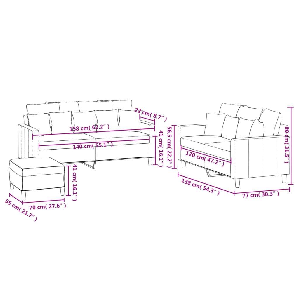 3-dijelni set sofa s jastucima ružičasti baršunasti