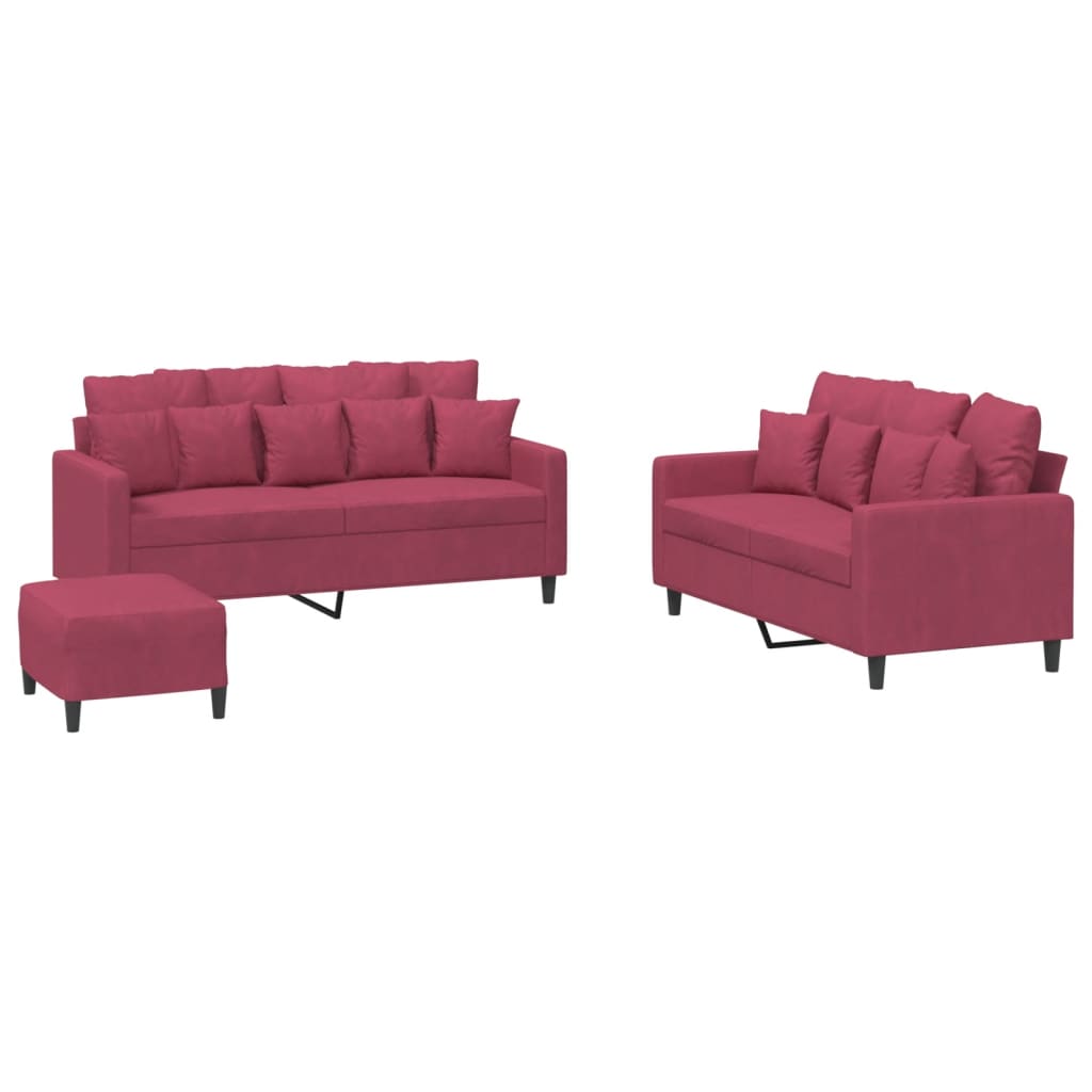 3-dijelni set sofa s jastucima crvena boja vina baršunasti