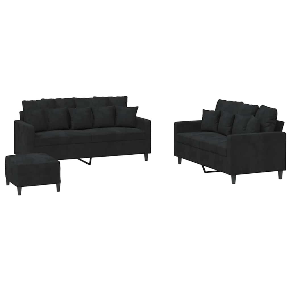 3-dijelni set sofa s jastucima crni baršunasti