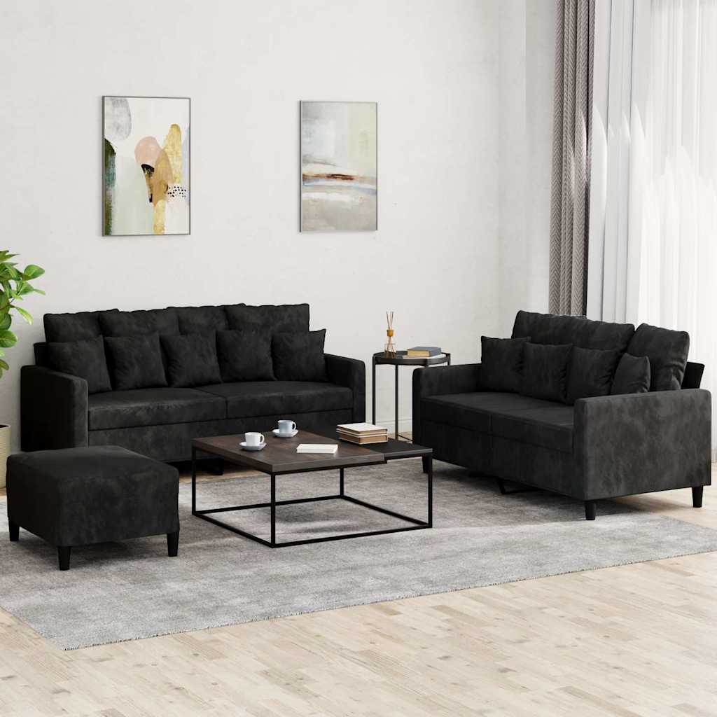 3-dijelni set sofa s jastucima crni baršunasti