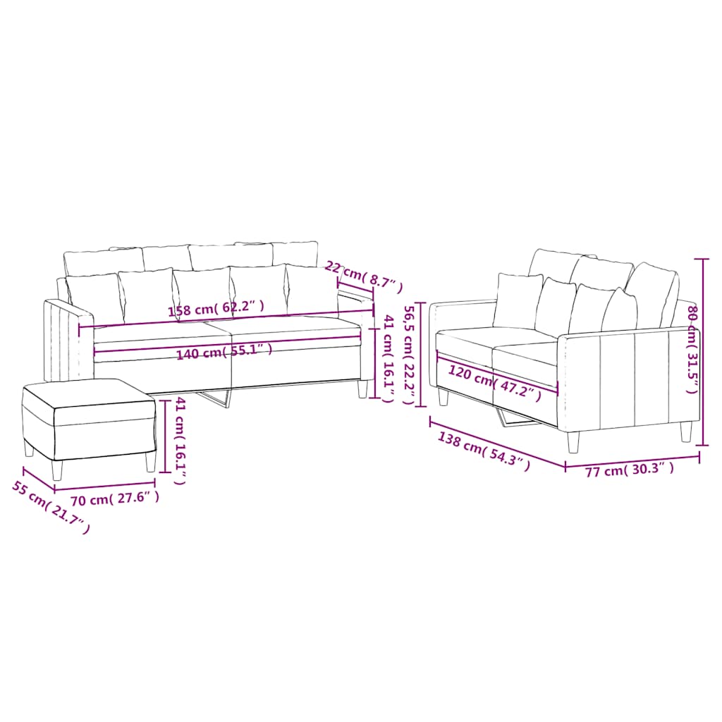 3-dijelni set sofa s jastucima smeđi baršunasti