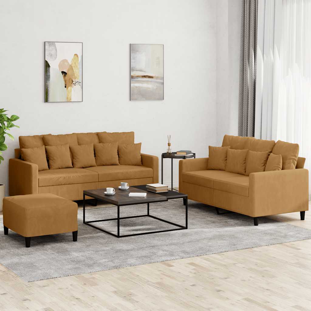 3-dijelni set sofa s jastucima smeđi baršunasti