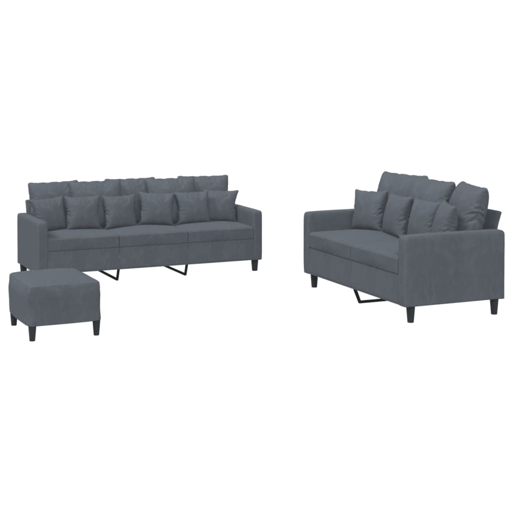 3-dijelni set sofa s jastucima tamnosivi baršunasti