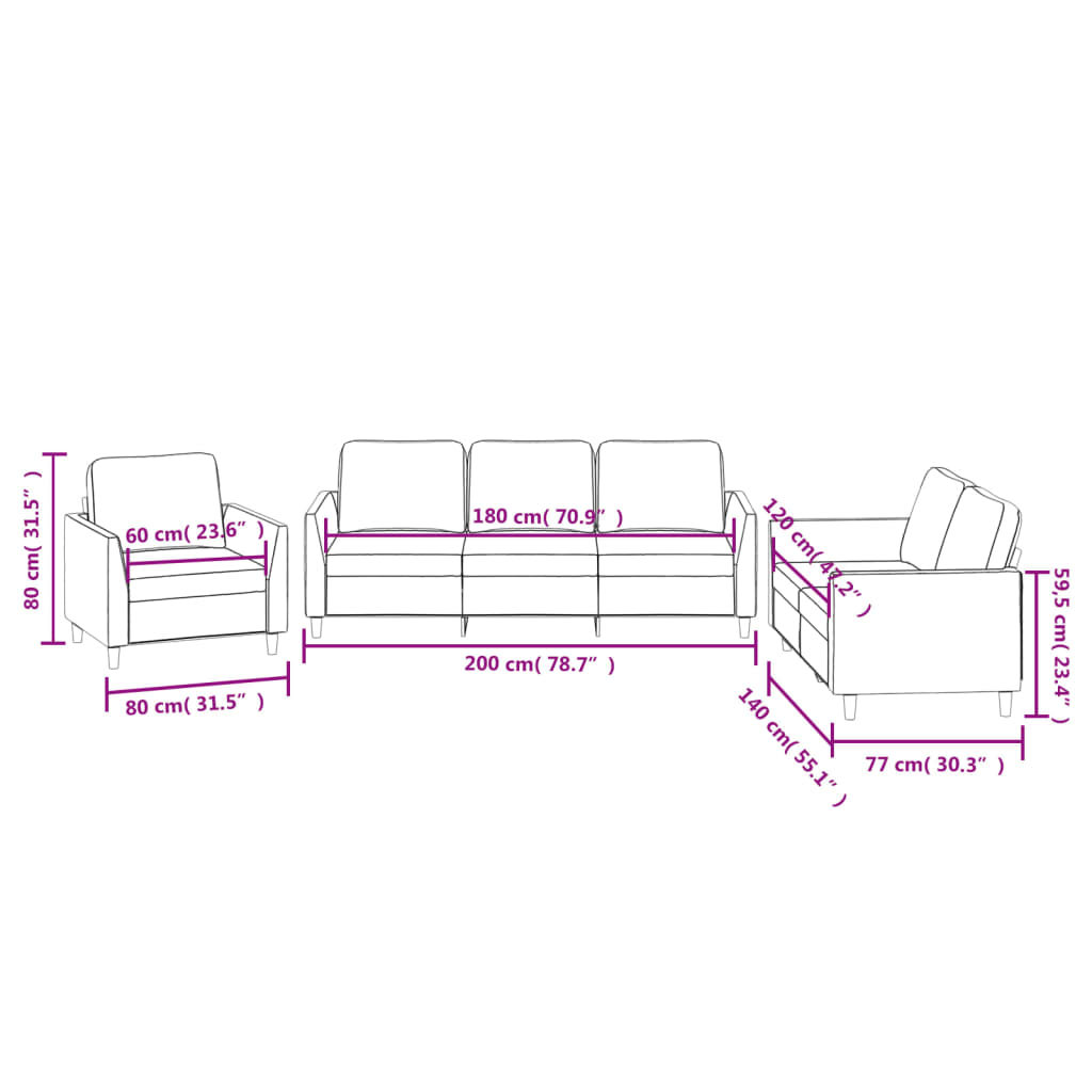 3-dijelni set sofa s jastucima krem od umjetne kože