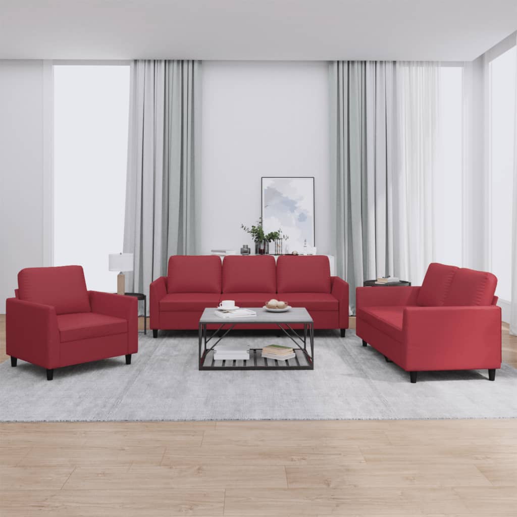 3-dijelni set sofa s jastucima boja vina od umjetne kože