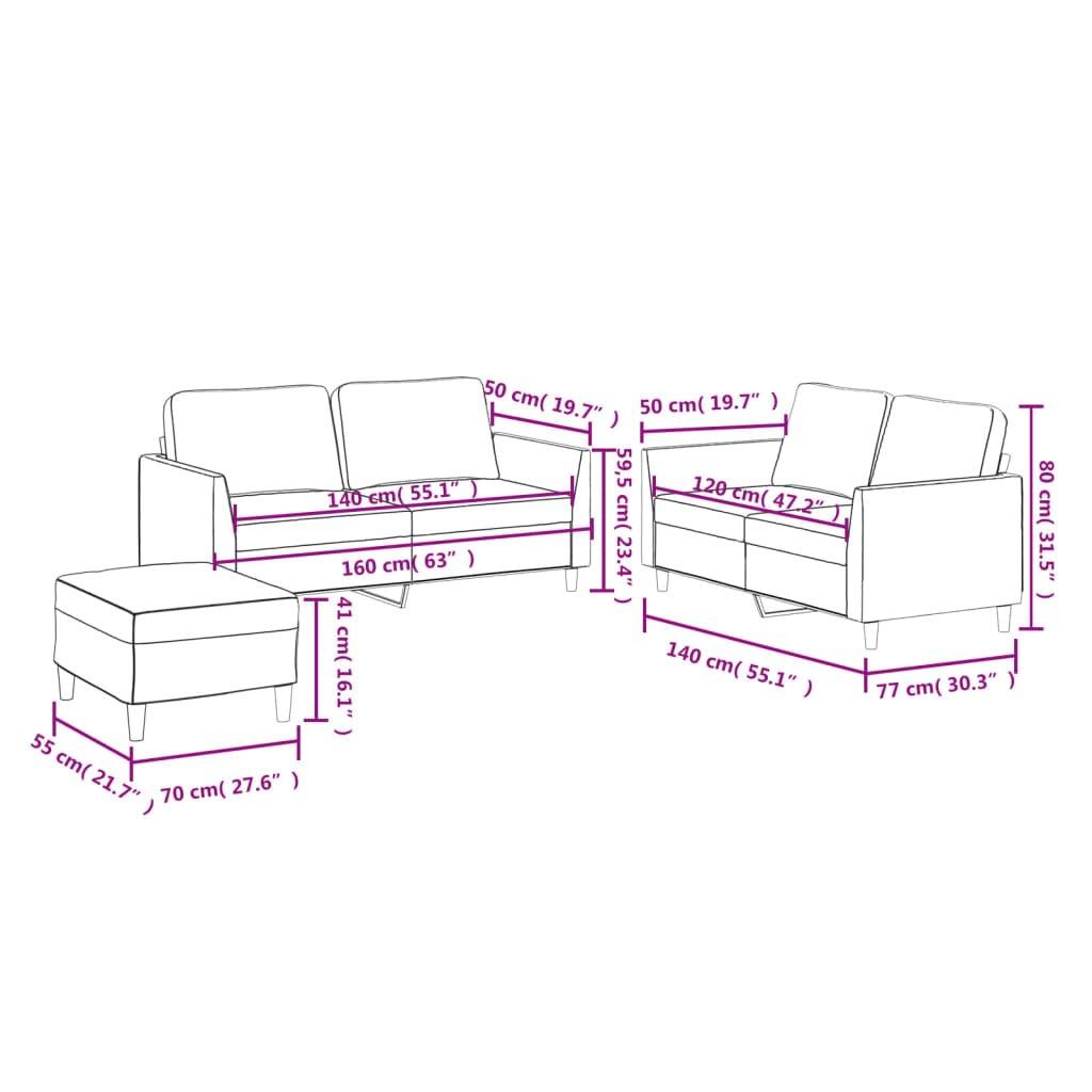 3-dijelni set sofa s jastucima boja cappuccina od umjetne kože