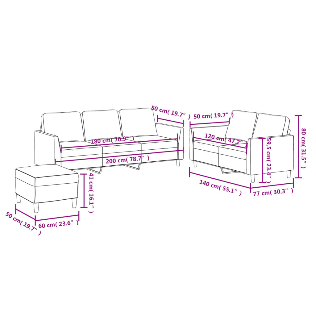 3-dijelni set sofa s jastucima krem od umjetne kože