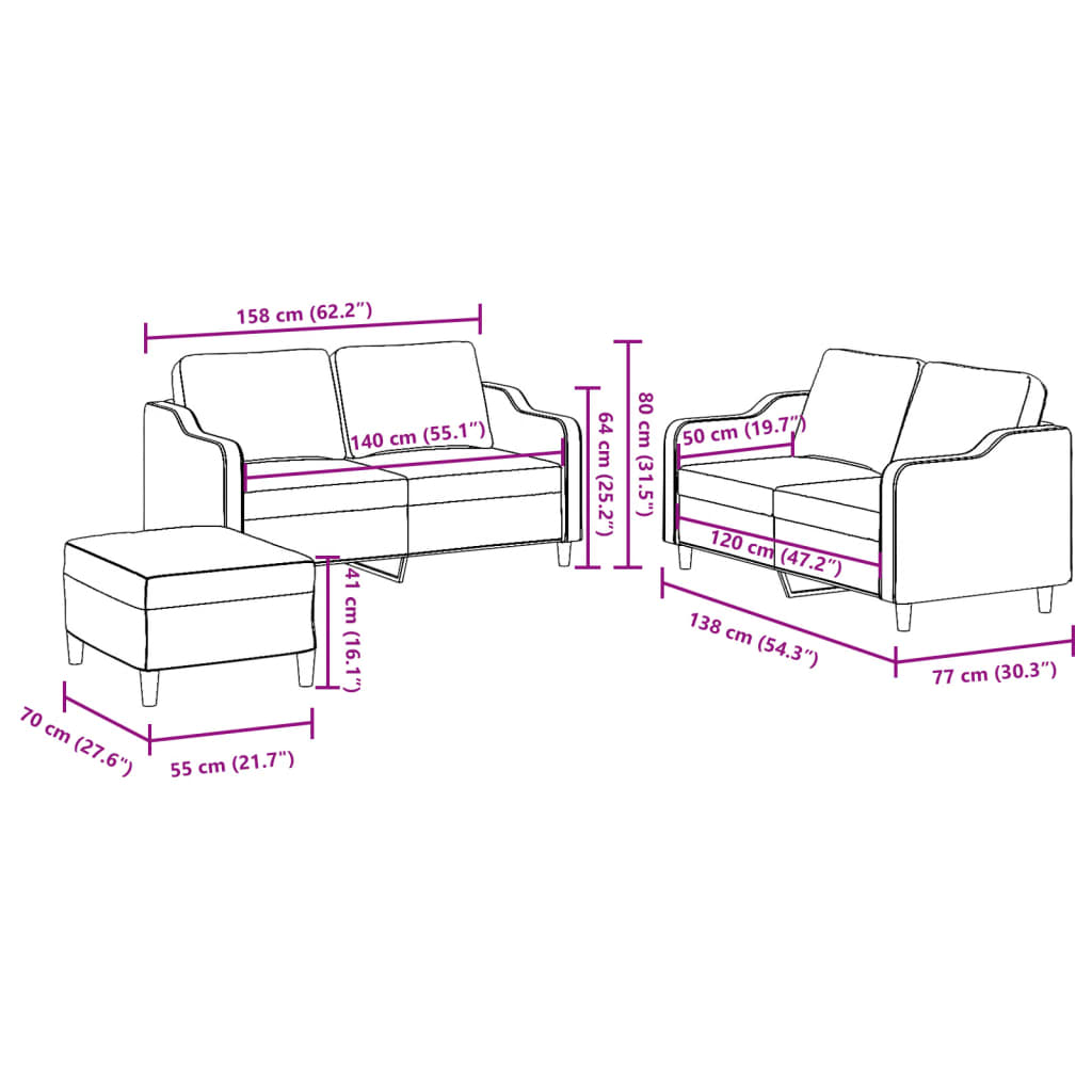 3-dijelni set sofa s jastucima krem od tkanine