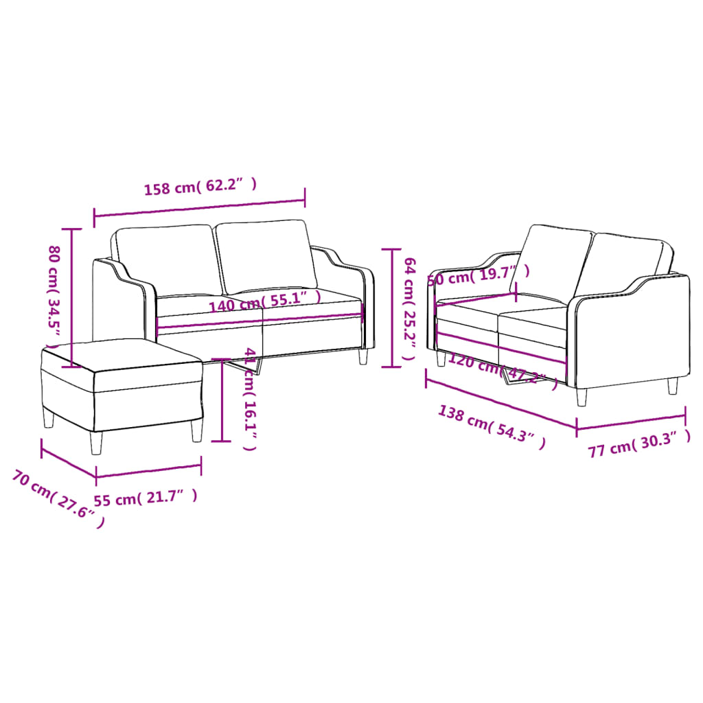 3-dijelni set sofa s jastucima svjetložuti od tkanine