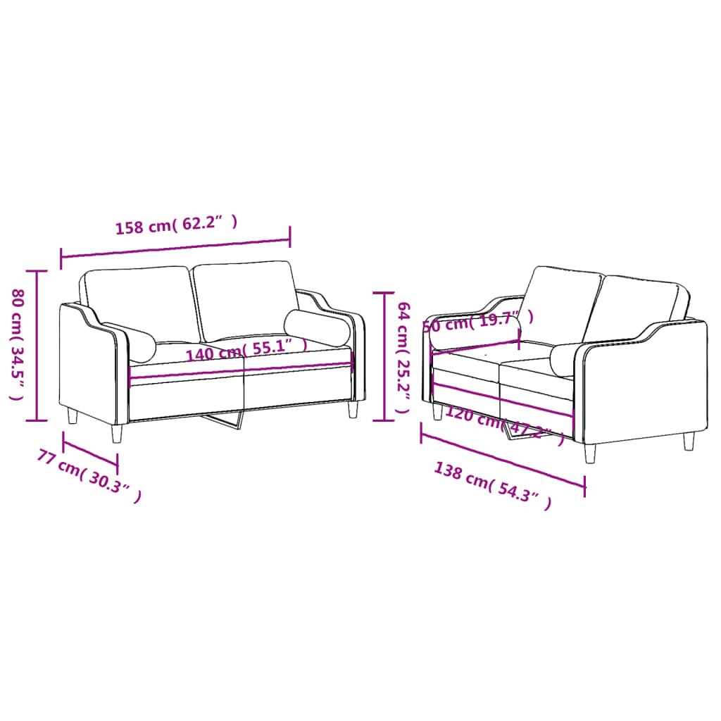 2-dijelni set sofa s jastucima krem od tkanine