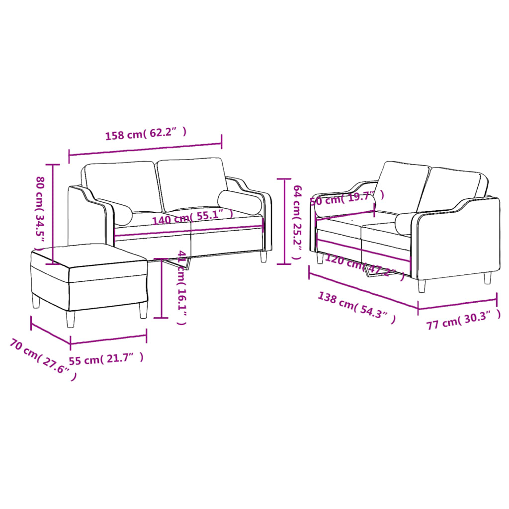 3-dijelni set sofa s jastucima smeđi od tkanine
