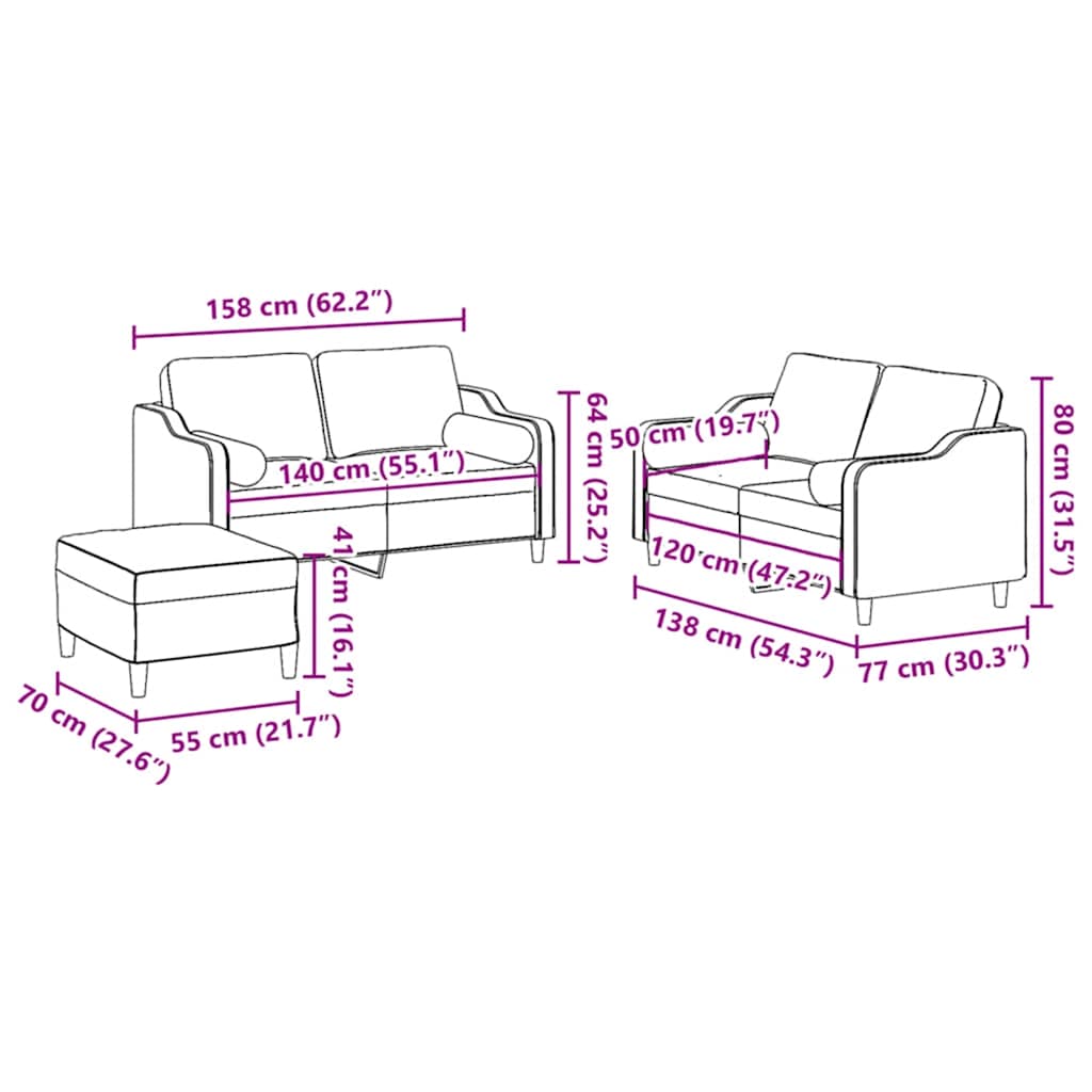 3-dijelni set sofa s jastucima crvena boja vina od tkanine
