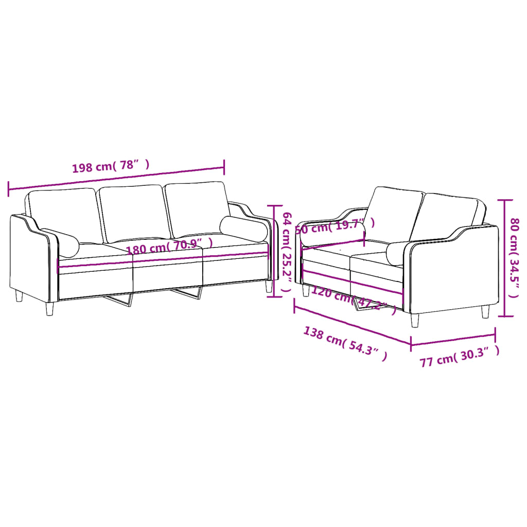 2-dijelni set sofa s jastucima krem od tkanine