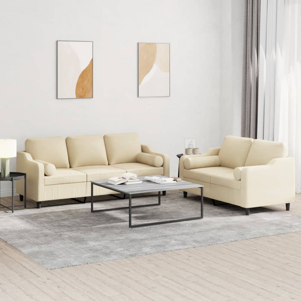 2-dijelni set sofa s jastucima krem od tkanine