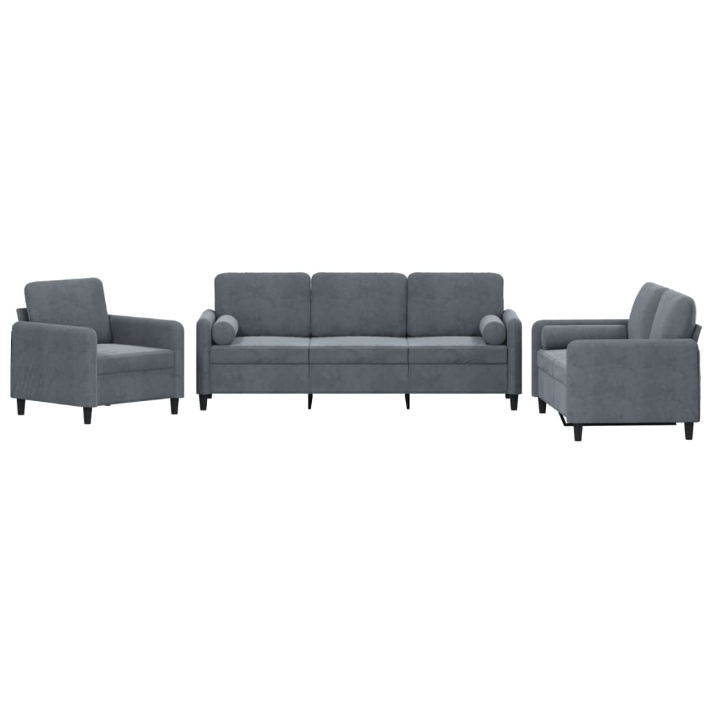 3-dijelni set sofa s jastucima tamnosivi baršunasti