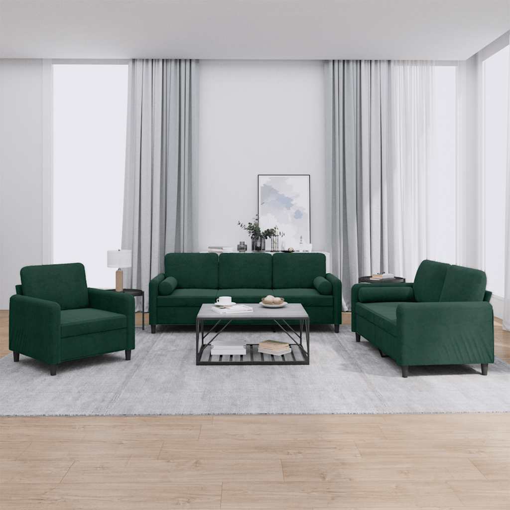 3-dijelni set sofa s jastucima tamnozeleni baršunasti